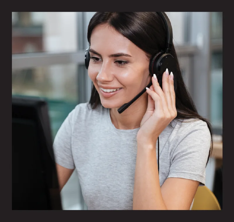 Sourcing Agents — woman in a headset at a monitor. Midjourney, black frame baked in, shown whole and uncropped.