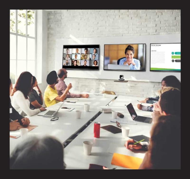 Training Agents — boardroom with video-call screens. Midjourney, black frame baked in, shown whole and uncropped.