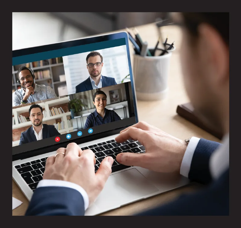 Managing Agents — agent on a laptop video call. Midjourney, black frame baked in, shown whole and uncropped.